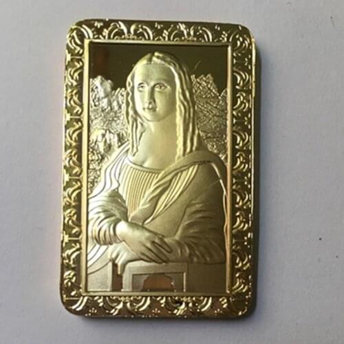 50 pcs Non magnetic The Mona Lisa Davis coins 24 K real gold plated badge 50 mm x 28 mm souvenir bullion bar decoration coin
