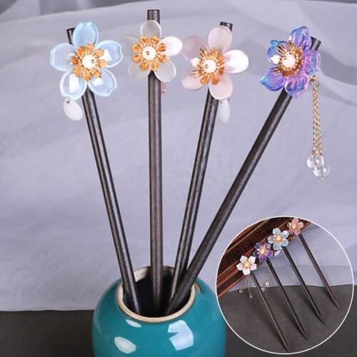 Newest Flower Hair Forks Retro Style Long Tassels Hairpins Clips Wooden Hair Sticks Pearls Bead Step Shake Chinese Wedding Bride