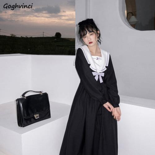 Women Long Sleeve Dress Sailor Collar Bow Patchwork Puff Sleeves Mid-calf Length Preppy Style Baggy Retro Sweet Fresh Trendy Ins