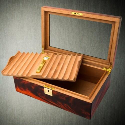 Glass Top Portable Cedar Humidor Double Layer Cigar Humidifier Storage Box With Hygrometer, Holds 50 Cigars, Rosewood Finish
