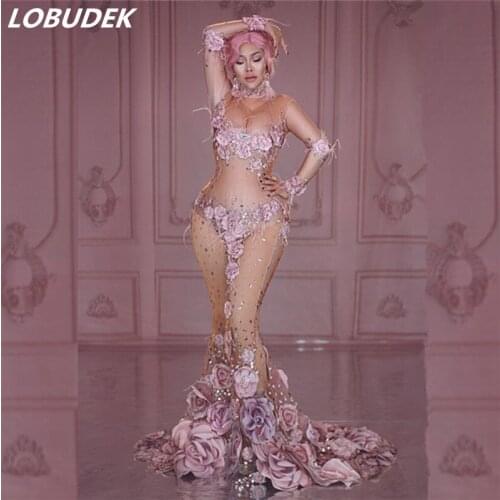 Pink Flowers Pattern See Through Long Dress Rhinestones Mesh Stretch Women Crystals Trailing Dress Singer Nightclub Show Costume
