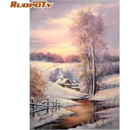 RUOPOTY Framed Painting By Numbers Kits For Adults Small House In Snow Landscape HandPainted Oil Paints Kits For Home Wall Art