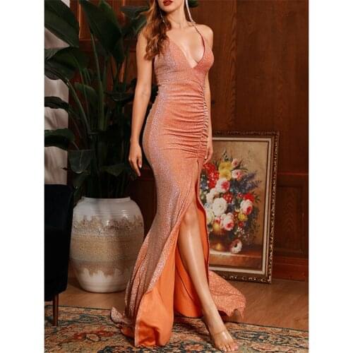 Sexy Orange Deep V-Neck Bodycon Open Back Elastic Reflective Material Maxi Dress