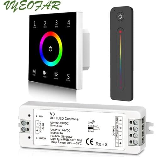 Led RGB Strip Control System 100V-240V Input 4 Zone RF Wireless Wall Touch Panel T13 With V3 Constant Receiver and R13 Reomte