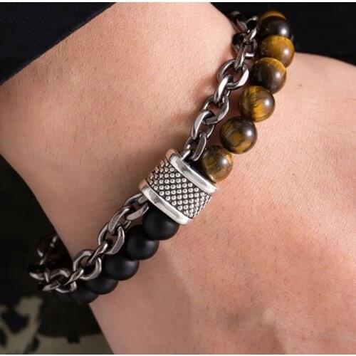 Unique Natural Map Stone Men Beaded Bracelet High Quality Metal Men Fashion Jewelry Gifts