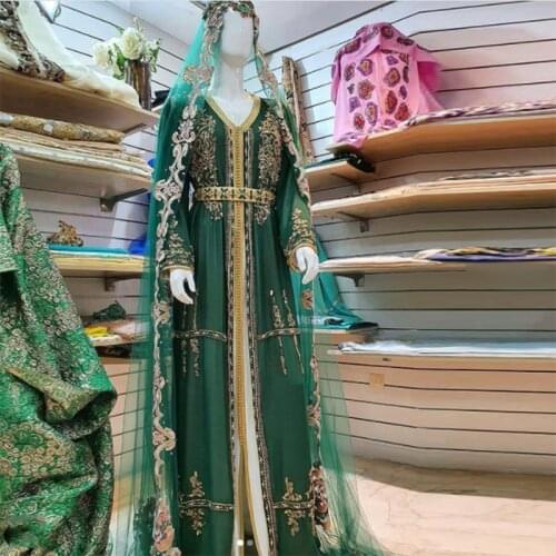 Green Long Sleeves Moroccan Caftan Evening Dress With Veil Real Image Appliques Arabic Muslim Special Occasion Dress Prom Gown