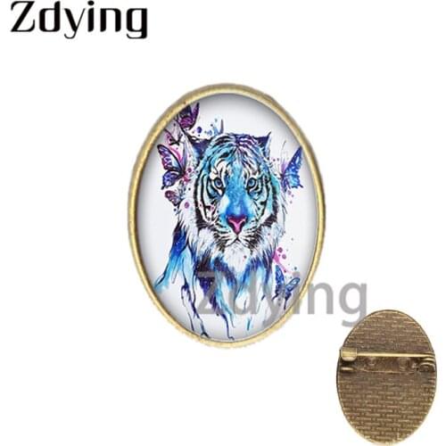 Zdying Watercolor Animal Tiger Butterfly Rabbit Owl Oval Shape Brooches Badge Glass Cabochon Photo Metal Pins Jewelry Gift DS093