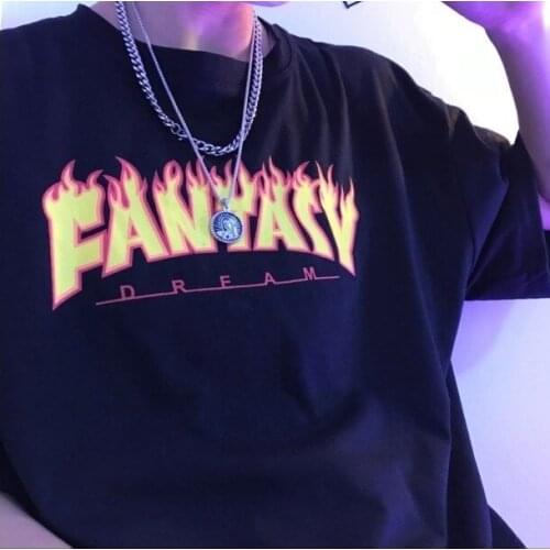 Flame Music Note Graphic Tees Women FANTASY DREAM Letter Printing Woman Clothes 100% Cotton Harajuku Streetwear Women Top Tee