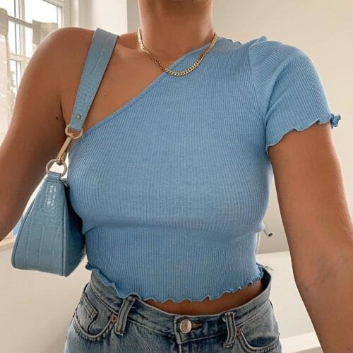 Women One Shoulder Solid Color Short Sleeve Knitted Slim Cropped T-shirt Summer Sexy Ruched Casual Tee Top 2020 Hot Sale