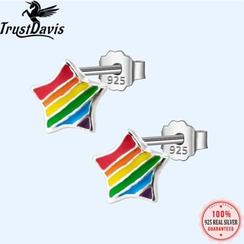 Trusta 100% 925 Sterling Silver Earring Fashion Tiny Rainbow Glaze Star Triangle Stud Earrings Gift for School Girls Kids DS290