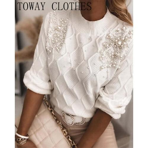 Women Beaded Studded Long Sleeve Mock Neck Fluffy Plain Sweater Red Causal Chic Tops