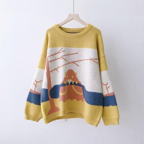 Women Sweater Autumn Winter Thick Coat Loose Cartoon Round Neck Pullover Cotton Cashmere