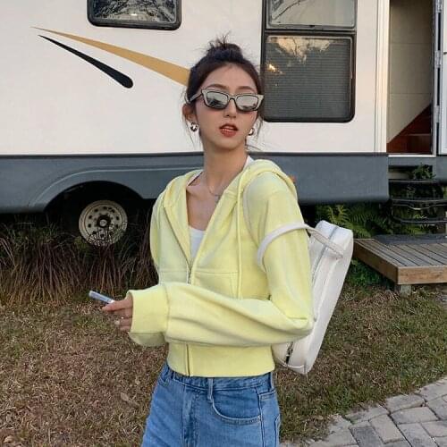 Women 2021 Spring Fashion Pocket Zipper Short Hoodies Female Solid Color Casual Coats Ladies New Long Sleeve Sweatshirts W179