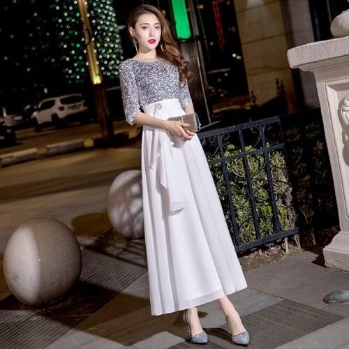 Its Yiiya Evening Dress Elegant O-neck Evening Dresses Silver Sequins LF174 Formal Gowns Long Half Sleeve robe de soiree 2020