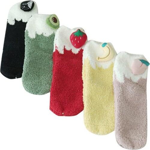 Winter Cotton Thickening 3d Fruit Socks Women Ladies Cashmere Strawberry Fluffy Short Black Sock Funny Warm Casual Cute Girl Sox
