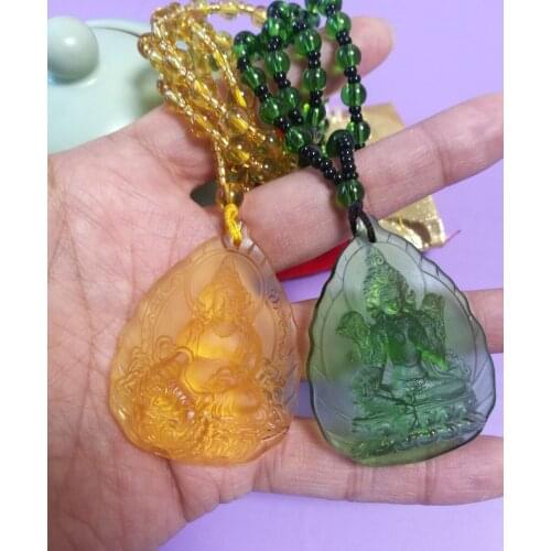 2PCS Greco-Buddhist pocket travel efficacious Mascot Safety Green Tara Yellow Jambhala Buddha Crystal Pendant Buddhist Amulet