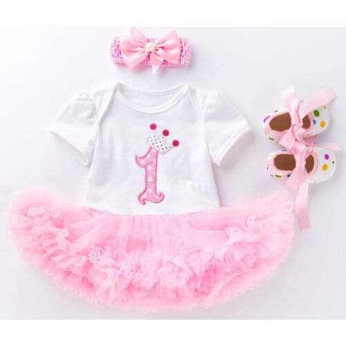 3Pcs Newborn Baby Girls Dress Sweet Baby Girls Clothes Birthday Dress with Bow Headband 1 Year Girl Baby Birthday Dress 0-24M