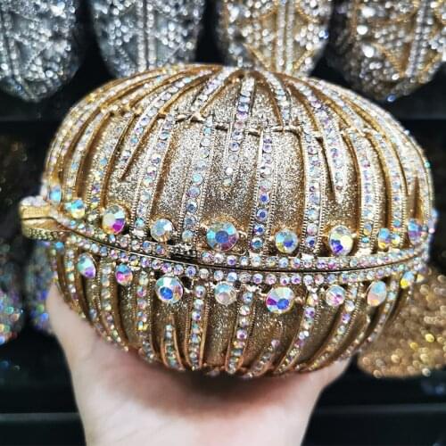 Hollow Out Gold Metal AB Rhinetone Clutches Ball-Shaped Lady Crystal Party Purse Best Design Women’s Diamond Prom Dinner Bag