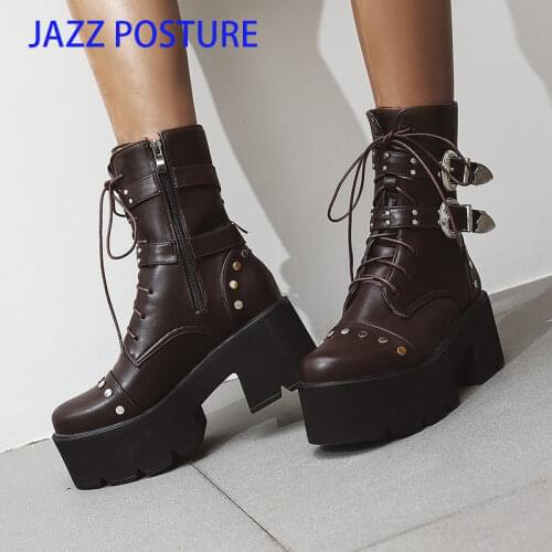 Wholesale Autumn Ankle Boots For Women Motorcycle Boots Chunky Heels Casual Lacing Round Toe Platform Boots Shoes Female z700