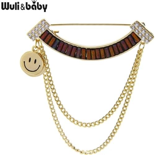 Wuli&baby New Elements Smile Face Brooches For Women Unisex Cubic Zirconia Chain Tassel Mouth Party Office Brooch Pin Gifts