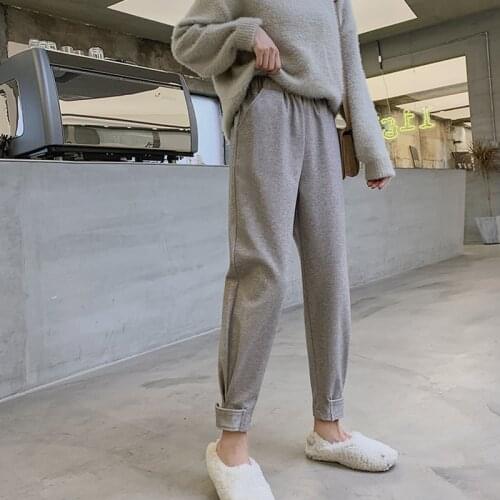 Autumn Winter Woolen Women Pants High Waist Solid Thicken Warm Trousers Pants for Women Plus Size Loose Straight Haren Pants