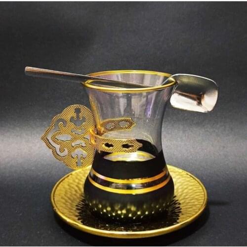 Turkish Tea Cup Pasabahce Gold Print Black Stripe Turkish Russian Arabic English French Fas Tea Cup Set 18 Piece