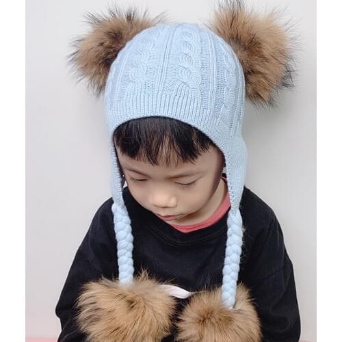 Real Fur Pompom Baby Hat With Ears Ponytail Beanie Earflap Cap Winter Wool Knitted Hats For Kids Toddler Skullies Beanies