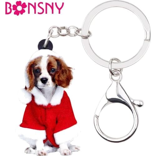 Bonsny Acrylic Christmas Suits Cavalier King Charles Spaniel Dog Key Chains Keychain Rings Women Girl Ladies Handbag Car Charms