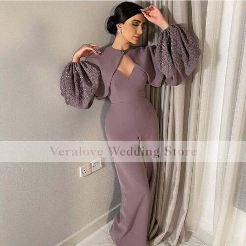 Purple Formal Evening Pants Suit Long Sleeves Two Pieces Mother Of the Bride Dress Satin Prom Party Wear