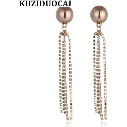 Kuziduocai New Fashion Fine Jewelry Will Not Fade Rhinestone Tassel Long Steel Ear Pin Stud Earrings For Women Brincos E-1347