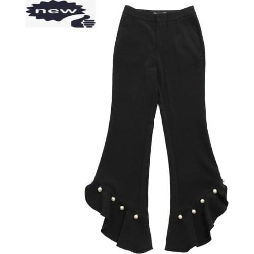 Summer White Women Flare Pearls Ruffles Fishtail Slim Fit Long Trousers Office Ladies High Waist Bell-bottomed Pants