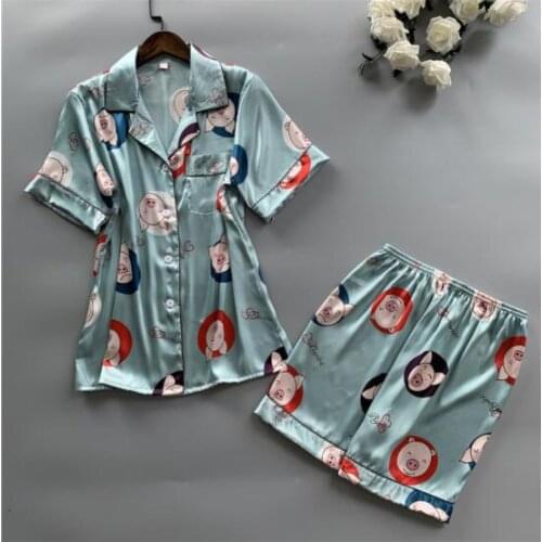 Summer Short Sleeve Silk Satin Striped Pajama Sets for Women Shorts Pyjama Print Sleepwear Loungewear Homewear Pijama