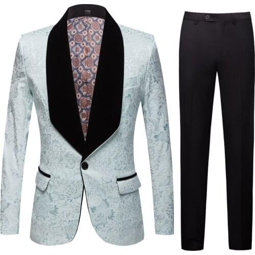 Mens gold plated black collar suit Set Wedding White Floral Pattern Slim Fit Party Prom Dress Tuxedo Singers Costume Suit