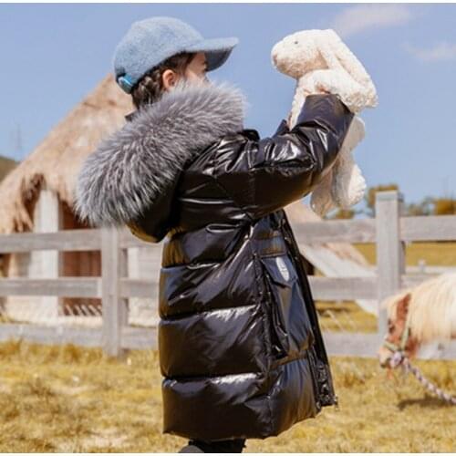 2021 New Girls Winter Coat Hooded Fur Shiny Down Jacket For Girl 7-16 Years Kids Teenage Outerwear Parkas