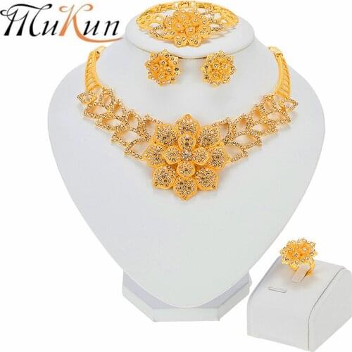 NEW Flower Necklace Sets For Women Dubai African Gold Jewelry Set Bride Earrings Rings Indian Nigerian Wedding Jewelery Set Gift