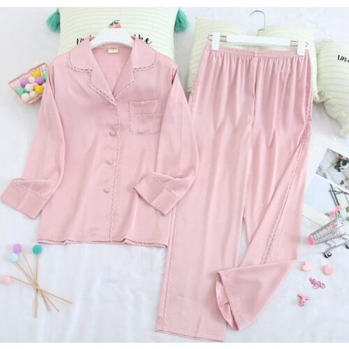 2 Pieces Pajamas for women Sexy Satin Silk Thin Sleepwear Long Sleeve Pajamas Set Loose Leisure Homewear Femme Summer Home Suit