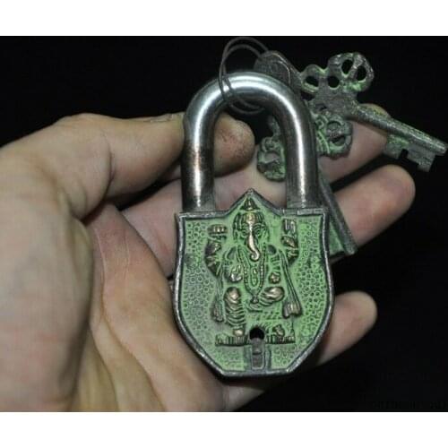 Collect Chinese Bronze Elephant Jambhala Statue China Ancient Lock and Key Set