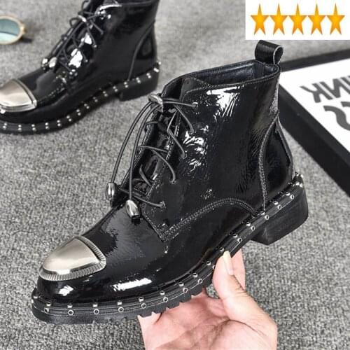 Style Winter Rivet Round British Toe Women Punk Lace Up Patent Leather Thick Heel Ankle Street Fashion Flat Boots