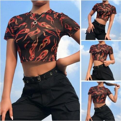 2020 Summer Fashion Print Sheer Mesh Angel Crop Top Sexy Perspective Short Sleeve Crew Neck Shirts Blouses Party Clubwear