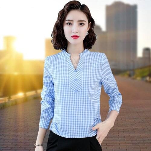 Womens Spring Autumn Style Cotton Blouses Shirt Womens Plaid V-Neck Button Long Sleeve Korean Loose Tops DD9099