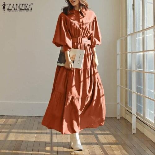 ZANZEA Elegant Solid Shirt Dress Womens Ruffle Sundress Puff Sleeve Maxi Vestidos Belted Female Casual Autumn Robe
