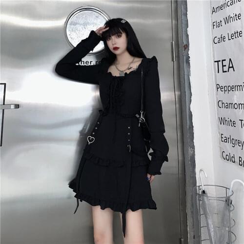 Plus Size Harajuku Women Black Mini Dress Gothic Punk Style Streetwear Bandage Vestido Heart Suspenders Lolita Ruffles Dress 4XL