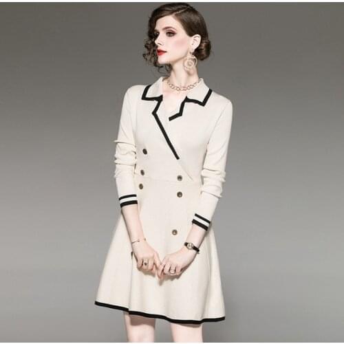 Vintage Luxury Runway Elegant Knitted Dress Women Spring Autumn Winter Double Breasted Ladies Knitting Dresses Female Clothes