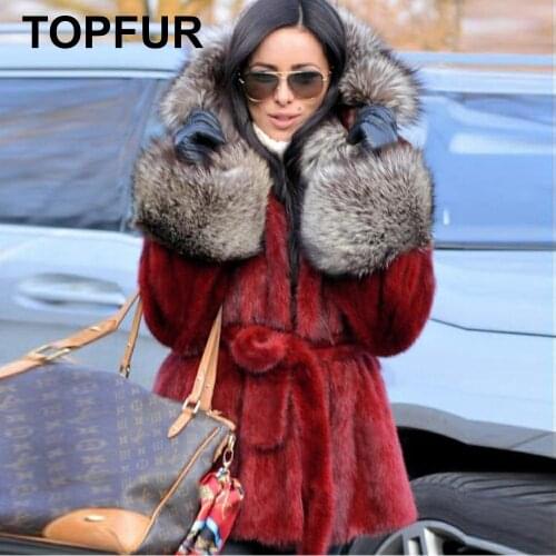TOPFUR Winter Real Fur Coat Women Real Natural Mink Fur Coats With Belt Full Sleeves Fox Fur Coats With Fur Hood Customized