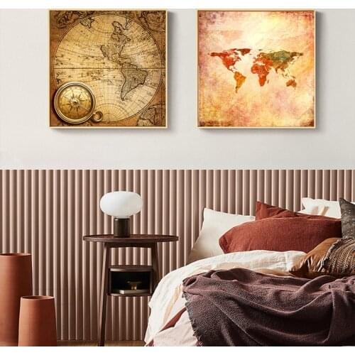 Retro Gold Old World Map Canvas Painting Scandinavian Posters and Print Nordic Wall Art Picture for Living Kids Room Home Decor