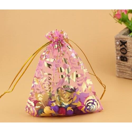 100pcs 7x9cm Drawable Organza Bags Rose Pink color Wedding Christmas Gift Bag Jewelry Packaging Bags Pouches