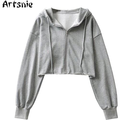 Artsnie Spring 2021 Gray Casual Sweatshirt Women Hooded Long Sleeve Oversized Hoodies Knitted Zipper Ladies Sweatshirts Femme