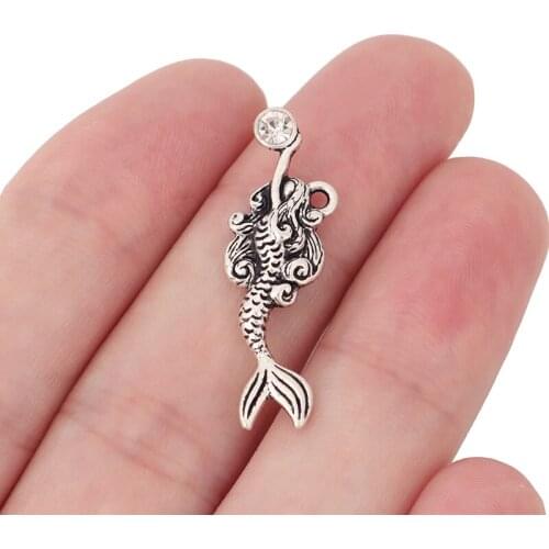 20 x Tibetan Silver Rhinestone Mermaid Charms Pendant Beads For Necklace Jewelry Making Findings 32x10mm