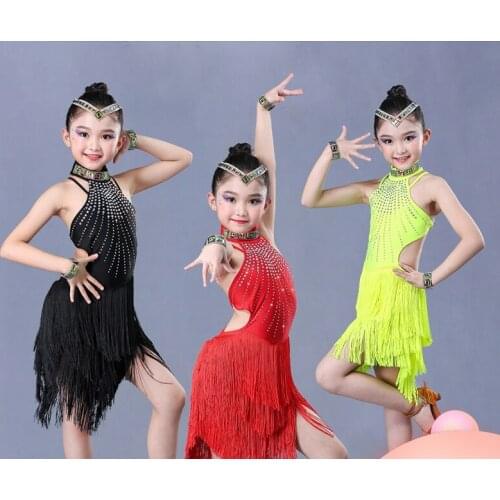 Child kid children professional latin dance dress for girls ballroom dancing dresses for kids red sequin fringe salsa tassel