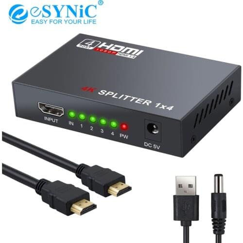 ESYNiC 1 in 4 HDMI-compatible Splitter V1.4 Powered 1x4 Ports Box Support Full Ultra HD 1080P 4K/2K 3D For PC STB PS3 HDTV